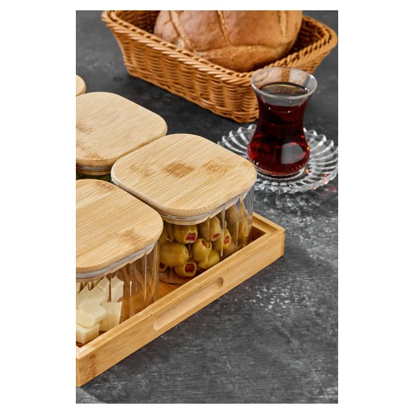 Cooker 6'lı Kare Borosilikat Cam Kahvaltılık Seti - Bambu Kapaklı, Ahşap Tepsili Şık Sunum Seti - 6'lı - Görsel 2