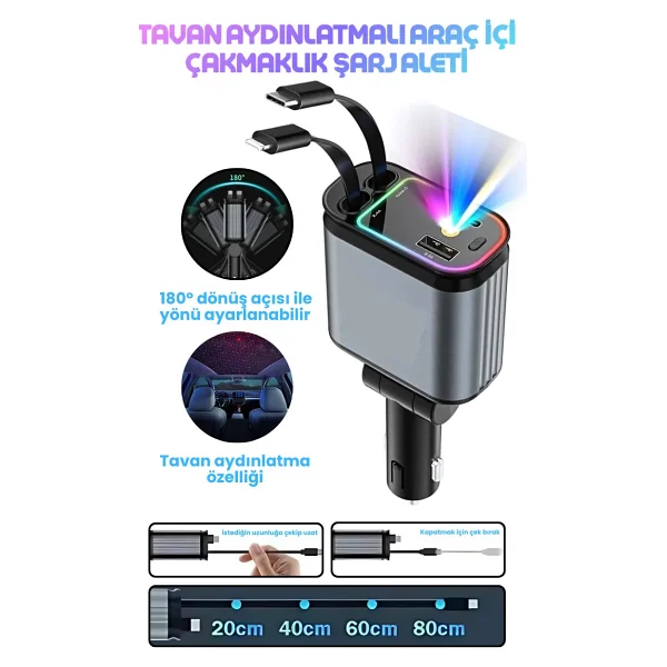 66w Acl LED Işık Tavan Aydınlatmalı 4ın1 Çift Kablolu Hızlı Şarj 3.4a Araç Içi Çakmaklık Şarj Aleti - Gri - Görsel 8