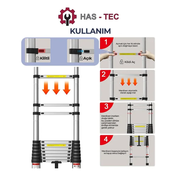 Has-Tec Teleskopik Merdiven Düz Uzayan 5 Metre 14 Basamaklı Alüminyum - Görsel 4