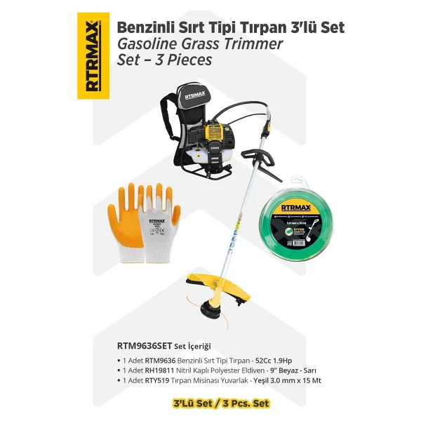 RTRMAX RTM9636SET Benzinli Sırt Tipi Tırpan 3'lü Set -Eldiven-Tırpan Misinası - Görsel 6