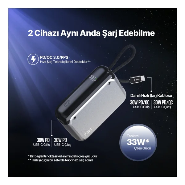 Ttec Recharger Lcd 2bb228ug 30 W 10000 mAh Hızlı Şarj Powerbank - Görsel 10