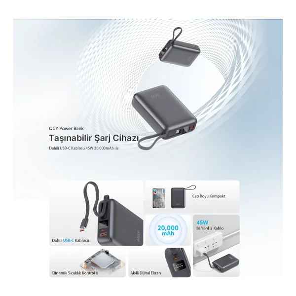 Qcy 20000 mAh Hızlı Şarj Type-C Kablolu Powerbank - Görsel 2