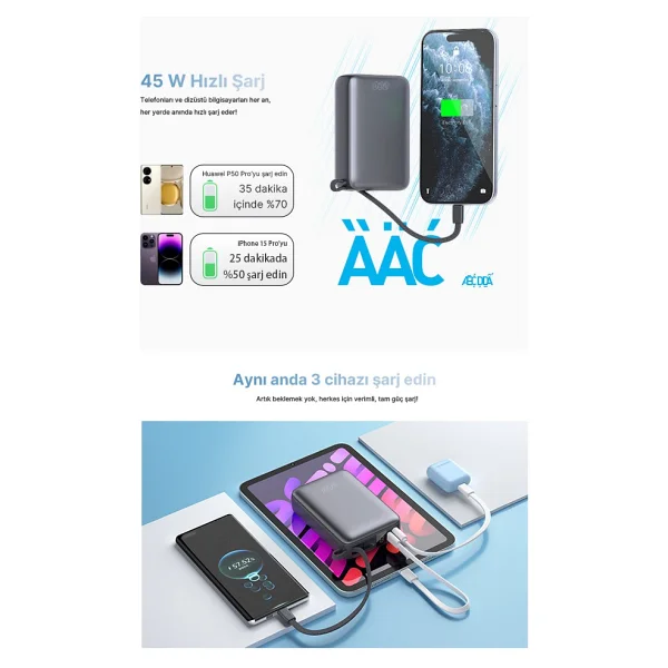 Qcy 20000 mAh Hızlı Şarj Type-C Kablolu Powerbank - Görsel 3