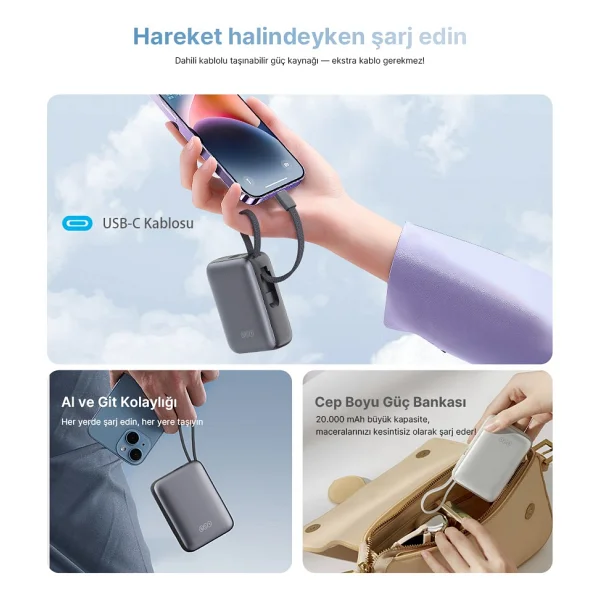 Qcy 20000 mAh Hızlı Şarj Type-C Kablolu Powerbank - Görsel 6