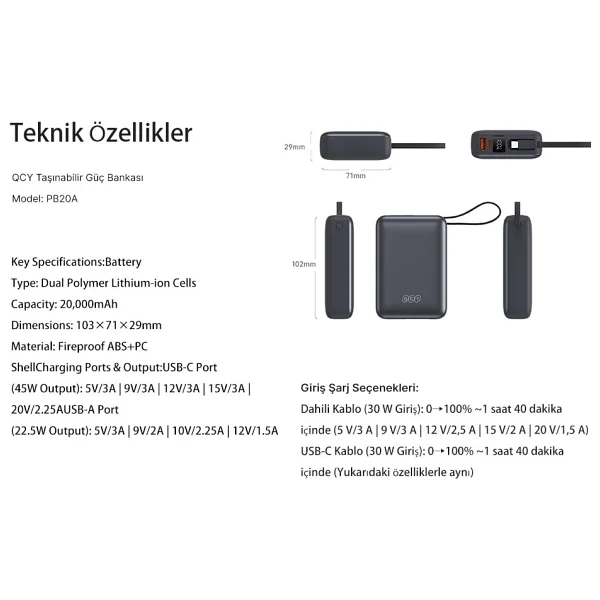 Qcy 20000 mAh Hızlı Şarj Type-C Kablolu Powerbank - Görsel 7