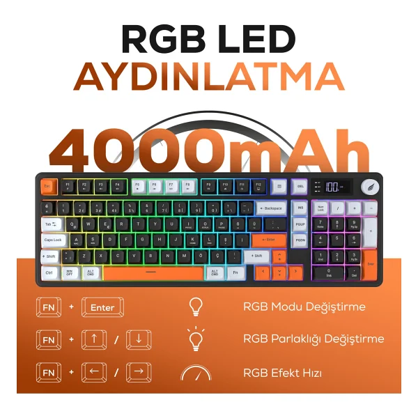 Hawk Gaming Hk258 Siyah-Turuncu RGB Membrane Switch Kablolu/Kablosuz Oyuncu Klavyesi - Görsel 2
