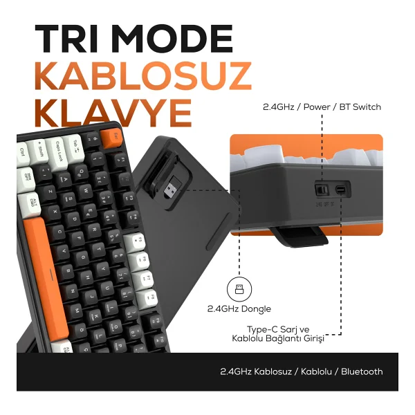 Hawk Gaming Hk258 Siyah-Turuncu RGB Membrane Switch Kablolu/Kablosuz Oyuncu Klavyesi - Görsel 3