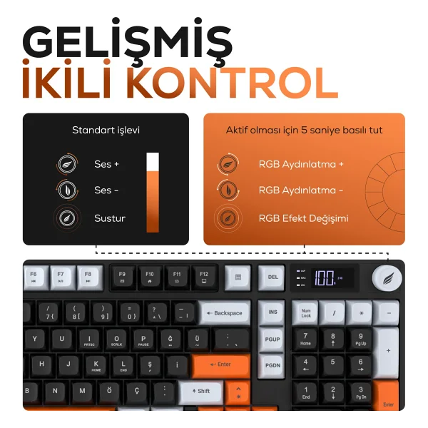 Hawk Gaming Hk258 Siyah-Turuncu RGB Membrane Switch Kablolu/Kablosuz Oyuncu Klavyesi - Görsel 4