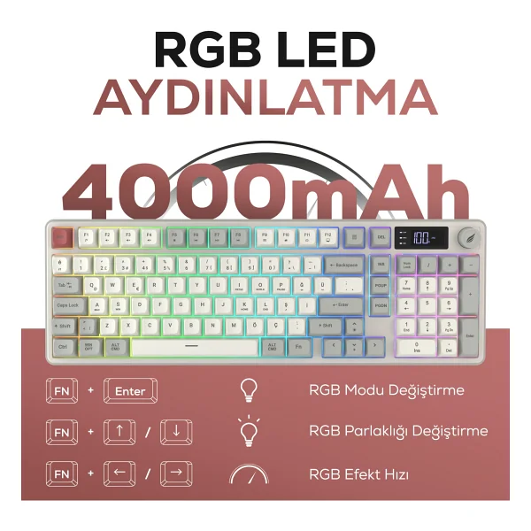 Hawk Gaming Hk258 Kırmızı-Haki RGB Membrane Switch Kablolu/Kablosuz Oyuncu Klavyesi - Görsel 2