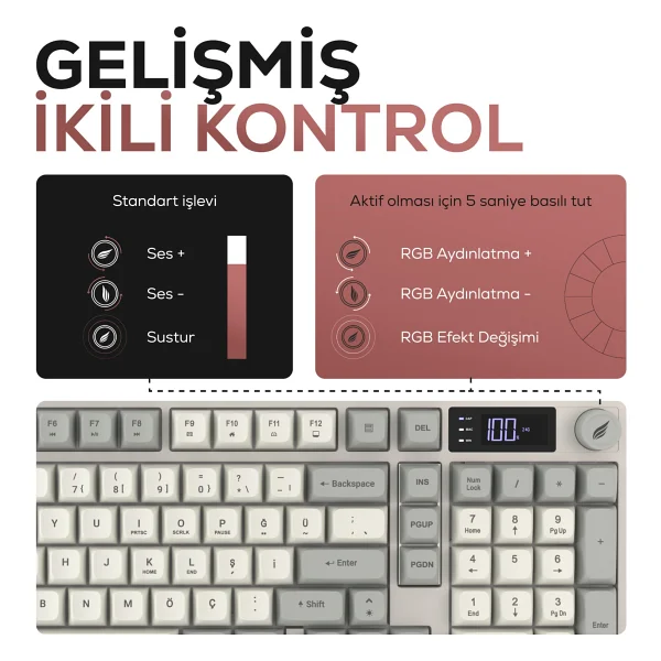 Hawk Gaming Hk258 Kırmızı-Haki RGB Membrane Switch Kablolu/Kablosuz Oyuncu Klavyesi - Görsel 4