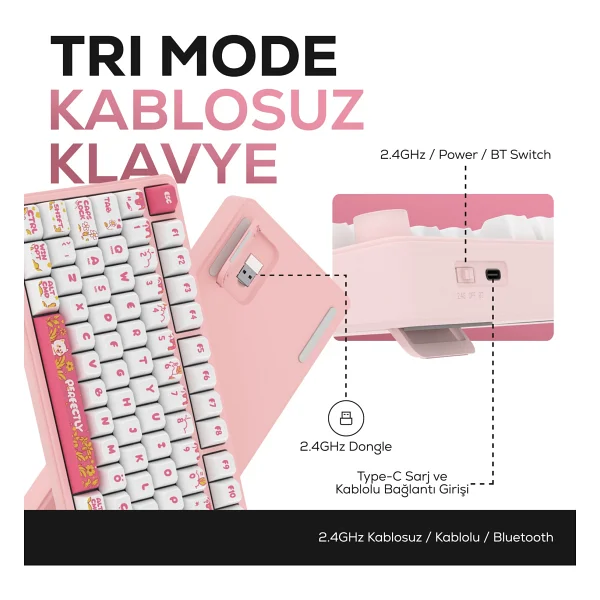 Hawk Gaming Hk258 Beyaz-Pembe RGB Membrane Switch Kablolu/Kablosuz Oyuncu Klavyesi - Görsel 3