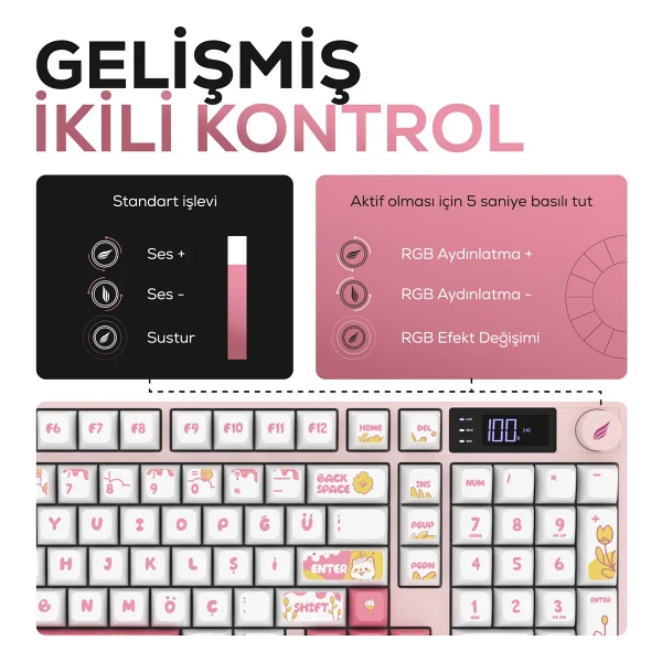 Hawk Gaming Hk258 Beyaz-Pembe RGB Membrane Switch Kablolu/Kablosuz Oyuncu Klavyesi - Görsel 4