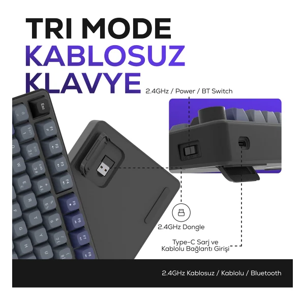 Hawk Gaming Hk255 Siyah-Gri RGB %75 Tkl Membrane Switch Kablolu/Kablosuz Oyuncu Klavyesi - Görsel 3