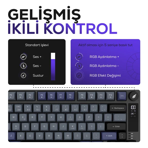 Hawk Gaming Hk255 Siyah-Gri RGB %75 Tkl Membrane Switch Kablolu/Kablosuz Oyuncu Klavyesi - Görsel 4