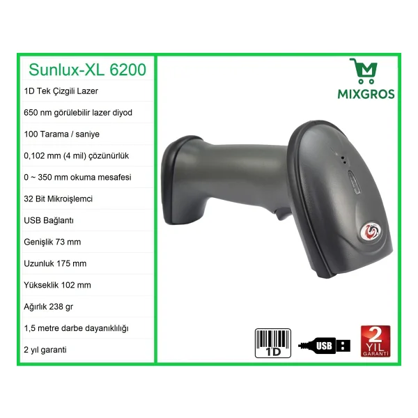 Sunlux XL-6200 Lazer El Barkod Okuyucu 1d - Görsel 2
