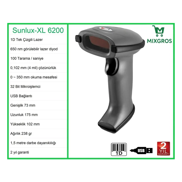 Sunlux XL-6200 Lazer El Barkod Okuyucu 1d - Görsel 3
