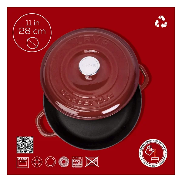 Lava New Heritage Bordo 28 Cm Basık Döküm Tencere - Görsel 4