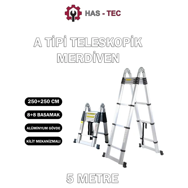 Has-Tec 8+8 Basamaklı Çift Taraflı A Tipi Uzayan Teleskopik Merdiven 5 M - Görsel 7