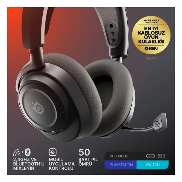 Steelseries Arctis Nova 7 Gen 2 Siyah Kablolu/Kablosuz Kulak Üstü Oyuncu Kulaklığı - Görsel 2