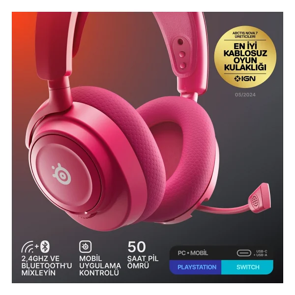 Steelseries Arctis Nova 7 Gen 2 Kırmızı Kablolu/Kablosuz Kulak Üstü Oyuncu Kulaklığı - Görsel 3