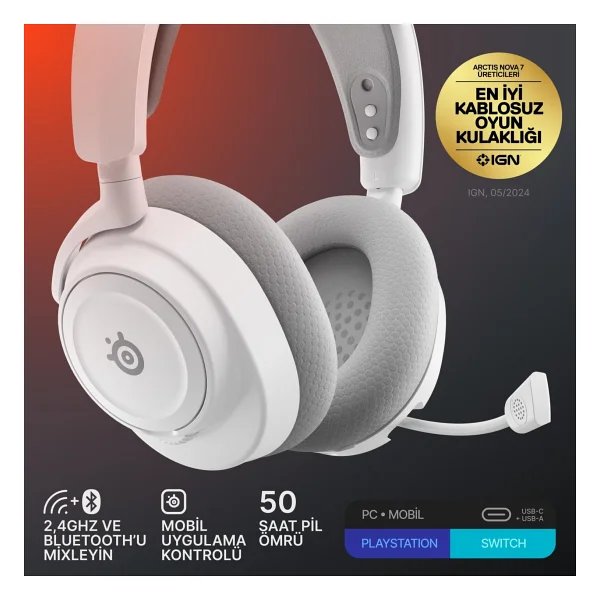 Steelseries Arctis Nova 7 Gen 2 Beyaz Kablolu/Kablosuz Kulak Üstü Oyuncu Kulaklığı - Görsel 3