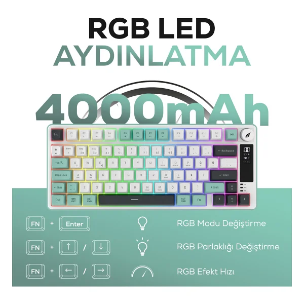 Hk255 Membrane Lcd RGB Kablosuz/Bluetooth Gri Yeşil %75 Türkçe Gaming Oyuncu Klavye - Görsel 2