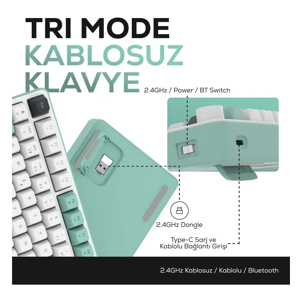 Hk255 Membrane Lcd RGB Kablosuz/Bluetooth Gri Yeşil %75 Türkçe Gaming Oyuncu Klavye - Görsel 3