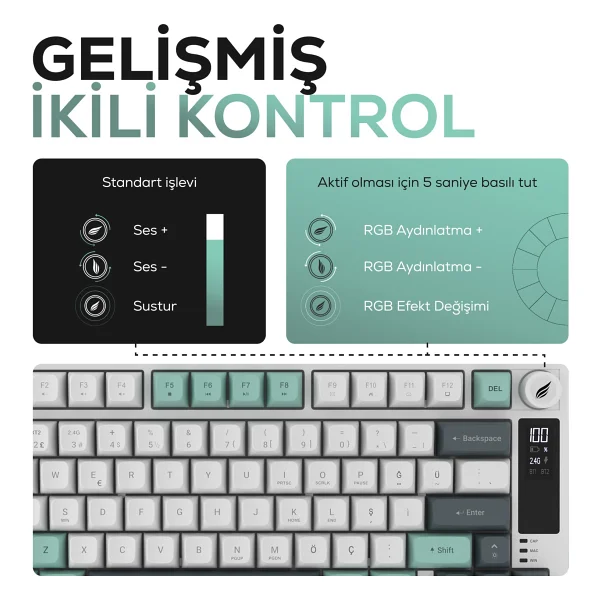 Hk255 Membrane Lcd RGB Kablosuz/Bluetooth Gri Yeşil %75 Türkçe Gaming Oyuncu Klavye - Görsel 4