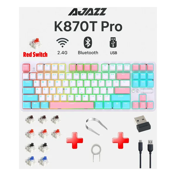 Ajazz K870t Pro Beyaz RGB Tkl Red Switch Kablolu/Kablosuz Mekanik Oyuncu Klavyesi - Görsel 6