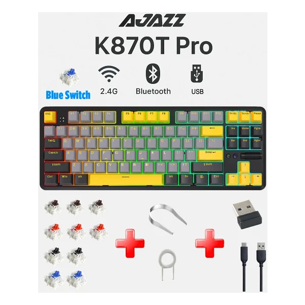 Ajazz K870t Pro Beyaz RGB Tkl Red Switch Kablolu/Kablosuz Mekanik Oyuncu Klavyesi - Görsel 7