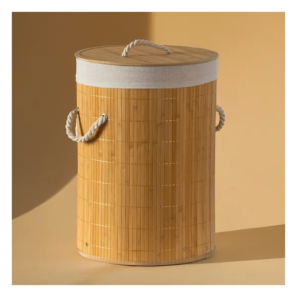 Porsima Pbt-052 Kapaklı Kirli Çamaşır Sepeti Yuvarlak - Bambu Kirli Çamaşır Sepeti Bambu - Görsel 6