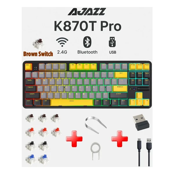 Ajazz K870T Pro Siyah RGB TKL Brown Switch Kablolu/Kablosuz Mekanik Oyuncu Klavyesi