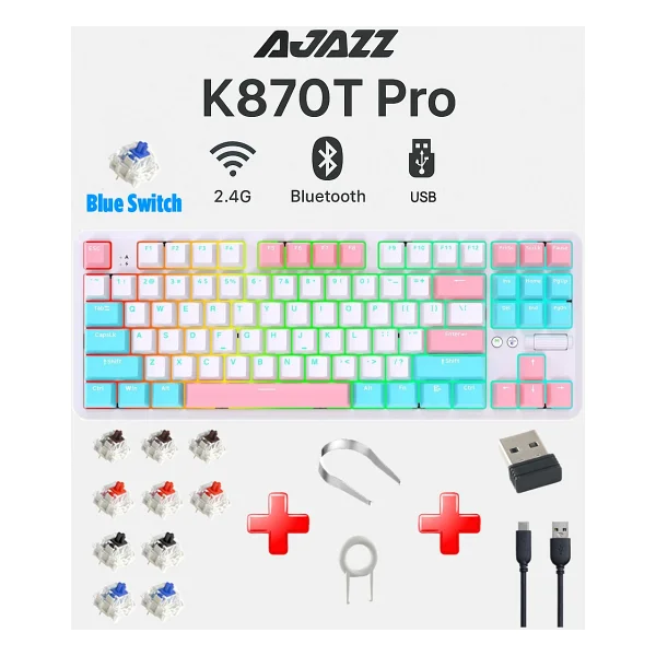 Ajazz K870t Pro Beyaz RGB Tkl Blue Switch Kablolu/Kablosuz Mekanik Oyuncu Klavyesi - Görsel 7