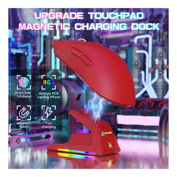 Attack Shark X1 Kırmızı Şarj İstasyonlu Kablosuz Oyuncu Mouse - Görsel 2