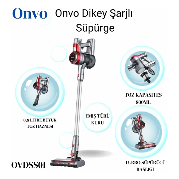 Onvo Işıklı Şarjlı Dikey Süpürge - Gri - Kırmızı - Şarjlı Süpürge - Görsel 7