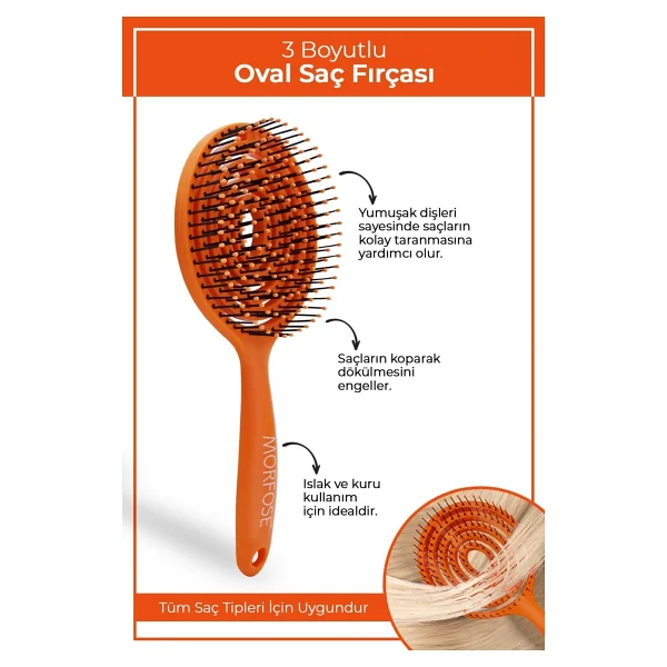 Morfose Pro Oval Saç Fırçası Turuncu Plastik Malzeme İle Tüm Saçlar İçin Dökülme Karşıtı Etkili - Görsel 2