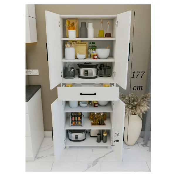 Montenero Çekmeceli Dolap 4 Kapaklı Çok Amaçlı Kiler Mutfak Banyo Parlak Beyaz 70x177 Cm - Görsel 2