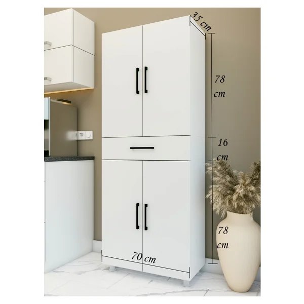 Montenero Çekmeceli Dolap 4 Kapaklı Çok Amaçlı Kiler Mutfak Banyo Parlak Beyaz 70x177 Cm - Görsel 3