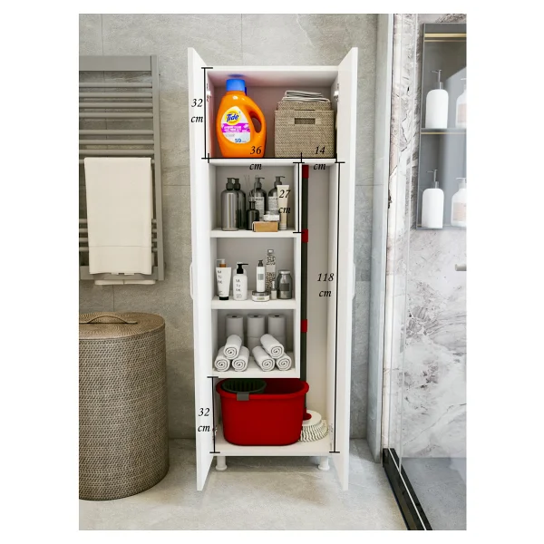 Montenero Çok Amaçlı Dolap Beyaz Banyo Düzenleyici Kiler Dolabı Kova Süpürge Paspas Deterjan Dolabı Küçük Boy - Görsel 9