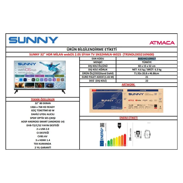 Sunny Sn32hmln HD 32" 82 Ekran Uydu Alıcılı Webos Smart LED TV - Görsel 4