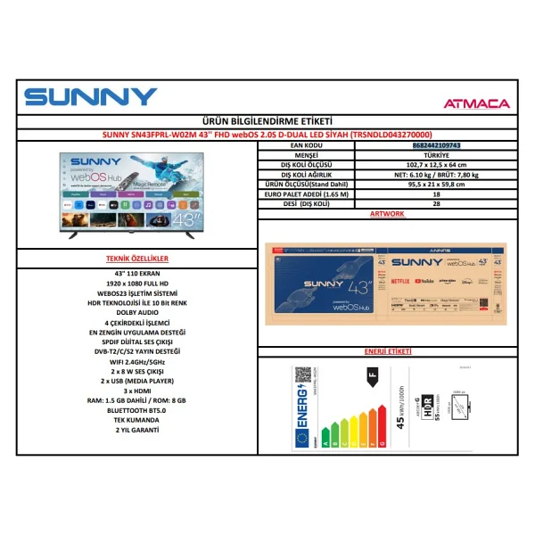 Sunny Sn43fprl Full HD 43" 109 Ekran Uydu Alıcılı Webos Smart LED TV - Görsel 5