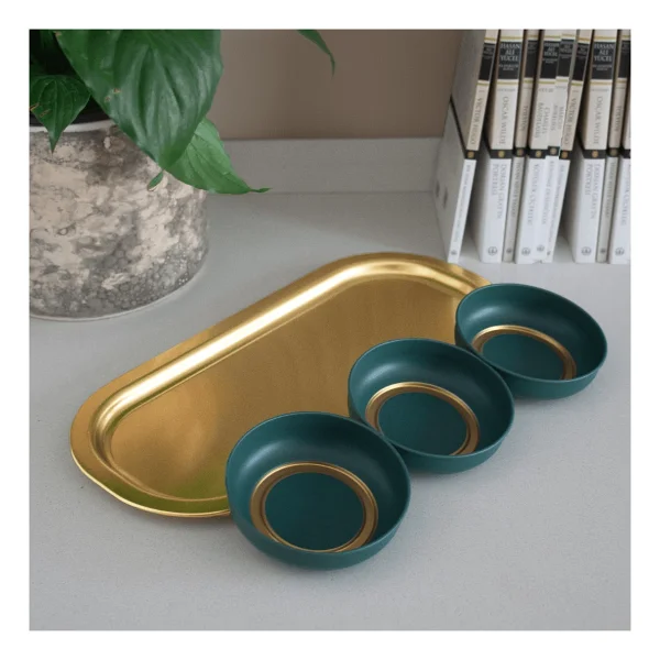 Sarkap Home 3'lü 10x3,2 cm Çerezlik ve 16x35 cm Sunumluk Tepsi Seti - Yeşil & Gold - Görsel 6