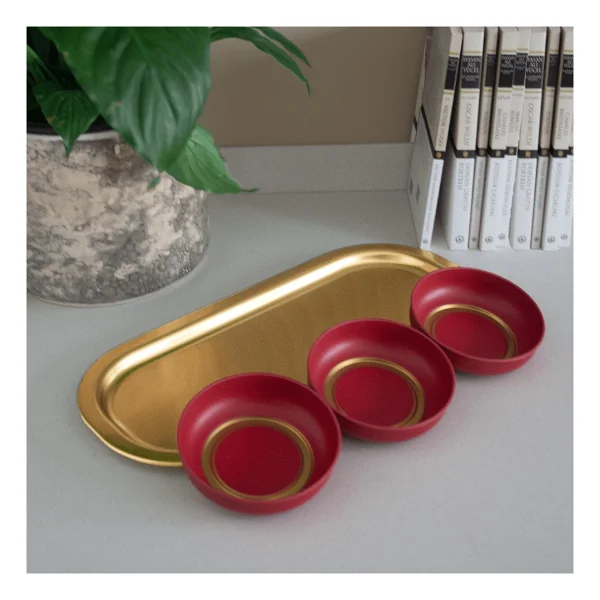 Sarkap Home 3'lü 10x3,2 cm Çerezlik ve 16x35 cm Sunumluk Tepsi Seti - Kırmızı & Gold - Görsel 6