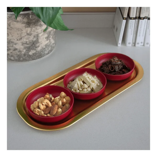 Sarkap Home 3'lü 10x3,2 cm Çerezlik ve 16x35 cm Sunumluk Tepsi Seti - Kırmızı & Gold - Görsel 7