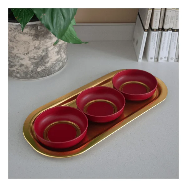 Sarkap Home 3'lü 10x3,2 cm Çerezlik ve 16x35 cm Sunumluk Tepsi Seti - Kırmızı & Gold - Görsel 8
