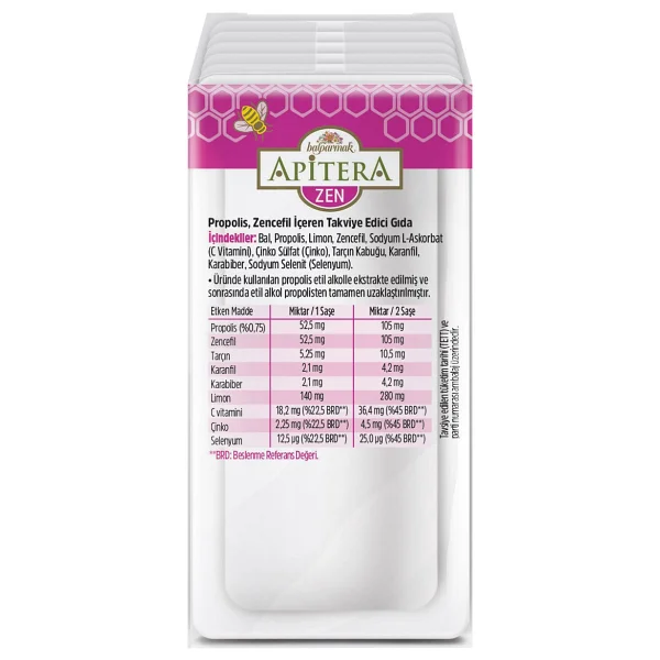 Balparmak Apitera Zen Doğal Bal, C Vitamini, Çinko, Selenyum, Zencefil, Tarçın, Karanfil, Karabiber, Limon Ve Propolis İçeren Takviye Edici 56'lı Saşe - 24 Gr - Görsel 8