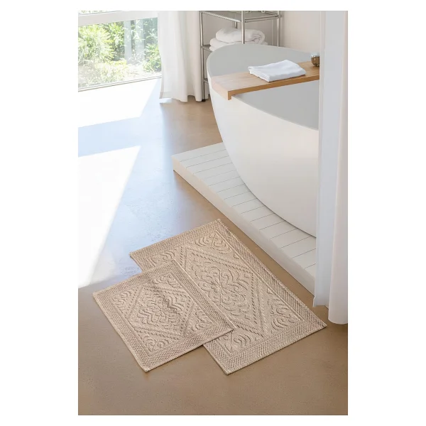 Soley Violetta 2'li Banyo Paspas Seti Kaymaz Taban %100 Pamuk 60x100 - 50x60 Cm - Bej - Var - Görsel 4