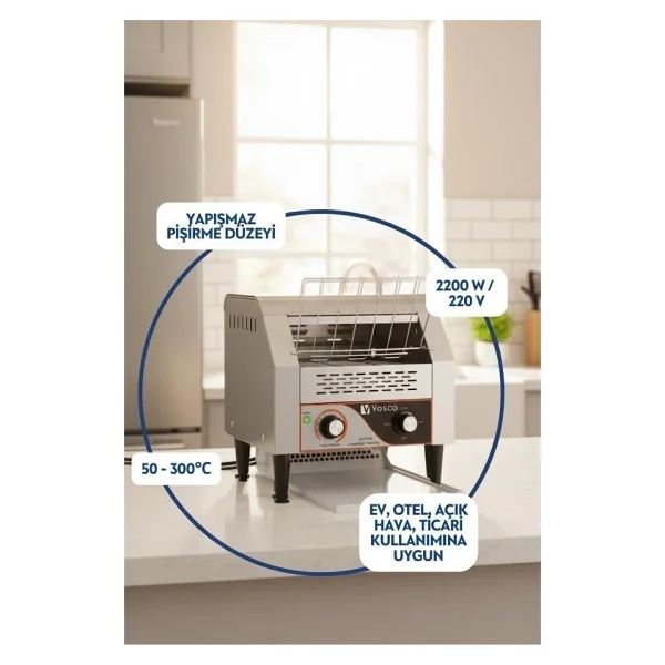 Vosco Vkb-300 Konveyörlü Ekmek Kızartma Makinesi / Endüstriyel Conveyor Toaster / 450 Dilim/Saat - Gri - Görsel 2
