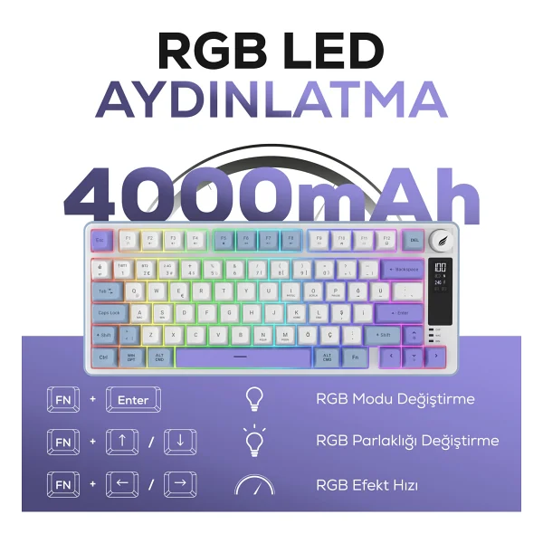 Hawk Hk255 Membrane Lcd RGB Kablosuz/Bluetooth Gri Mor %75 Türkçe Gaming Oyuncu Klavye - Görsel 3
