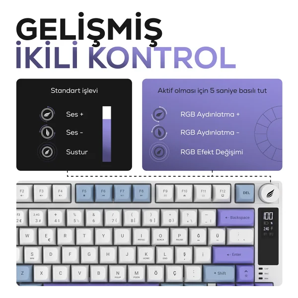 Hawk Hk255 Membrane Lcd RGB Kablosuz/Bluetooth Gri Mor %75 Türkçe Gaming Oyuncu Klavye - Görsel 4
